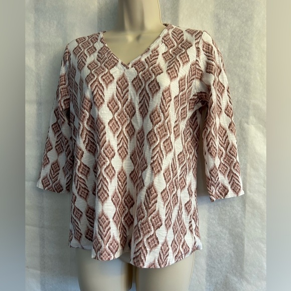 Pure Jill Ikat print top knit tunic white & mauve 3/4 sleeve top Sz-Petite XS E2 - Picture 1 of 10